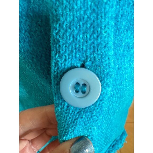 Lisa International Turquoise Chenille Button Cardigan Sweater Fringe Collar M - Picture 8 of 9